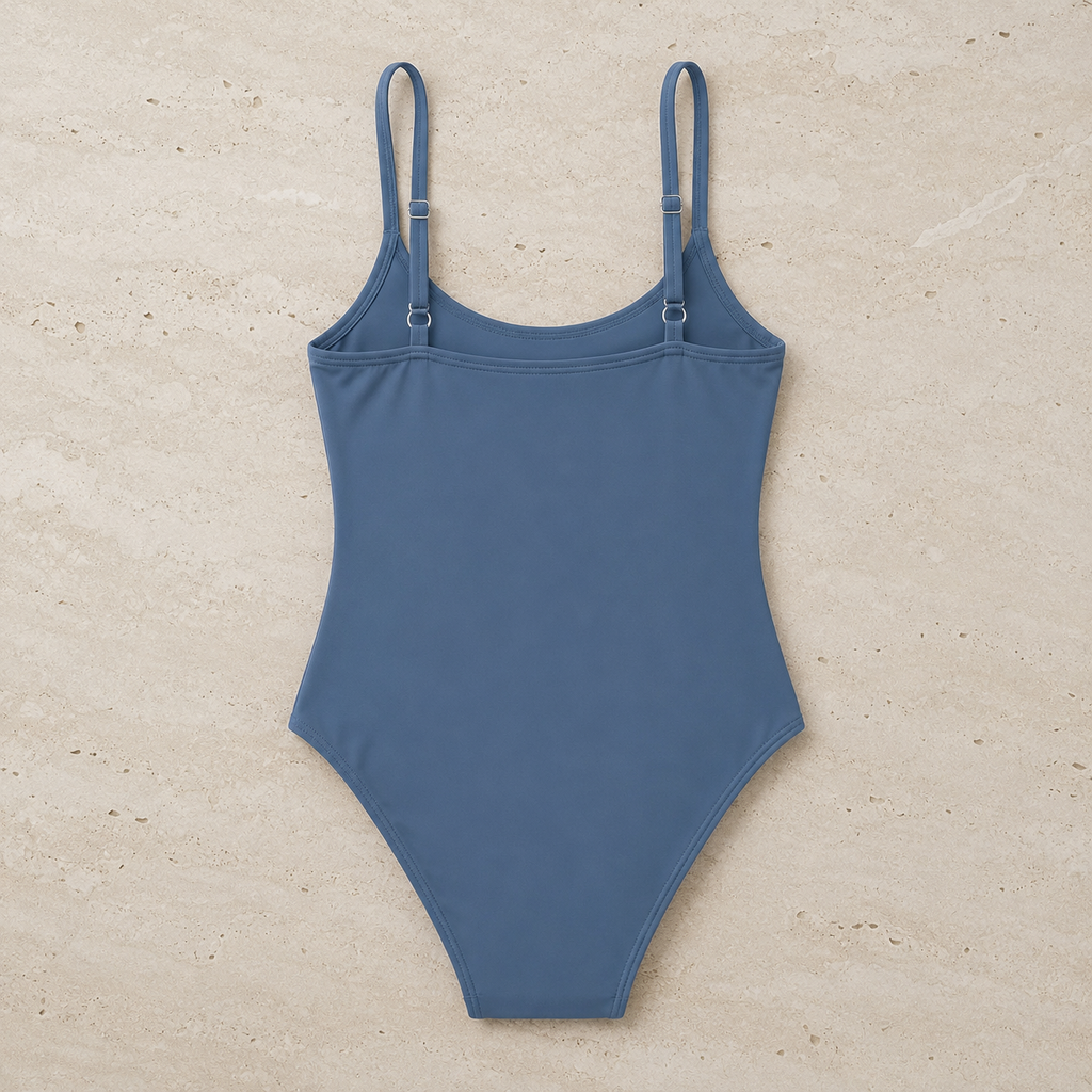 Flat lay back view of the Fitfigura Strap One-Piece – Minimal Form in blue, showing the open back shape and clean one-piece cut.