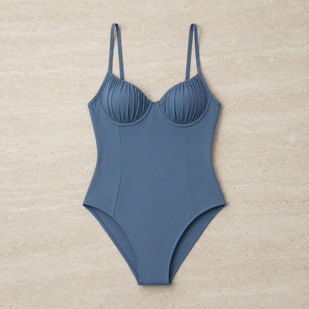 Flat lay front view of the Fitfigura Strap One-Piece – Minimal Form in blue, showing the structured bust seams and minimal strap design.