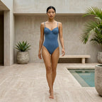 Full-body front view of the Fitfigura Strap One-Piece – Minimal Form in blue, showing the simple strap design and smooth fit.