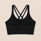 Flat lay back view of the Fitfigura Studio Bra – Soft Flow in black, highlighting the crisscross strap detail.
