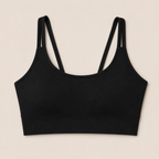 Flat lay front view of the black Fitfigura Studio Bra – Soft Flow, showing the scoop neckline, slim straps, and structured bra shape.