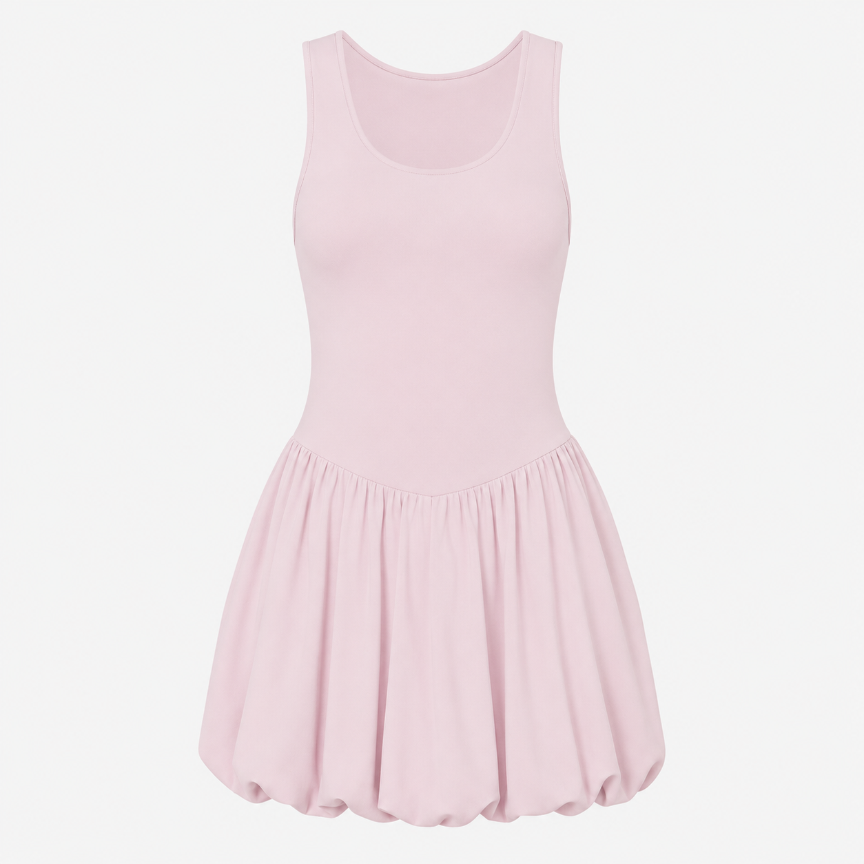 Flat lay of the Fitfigura Studio Dress – Soft Flow Form in light pink, showing the sleeveless neckline, fitted waist, and pleated skirt detail.