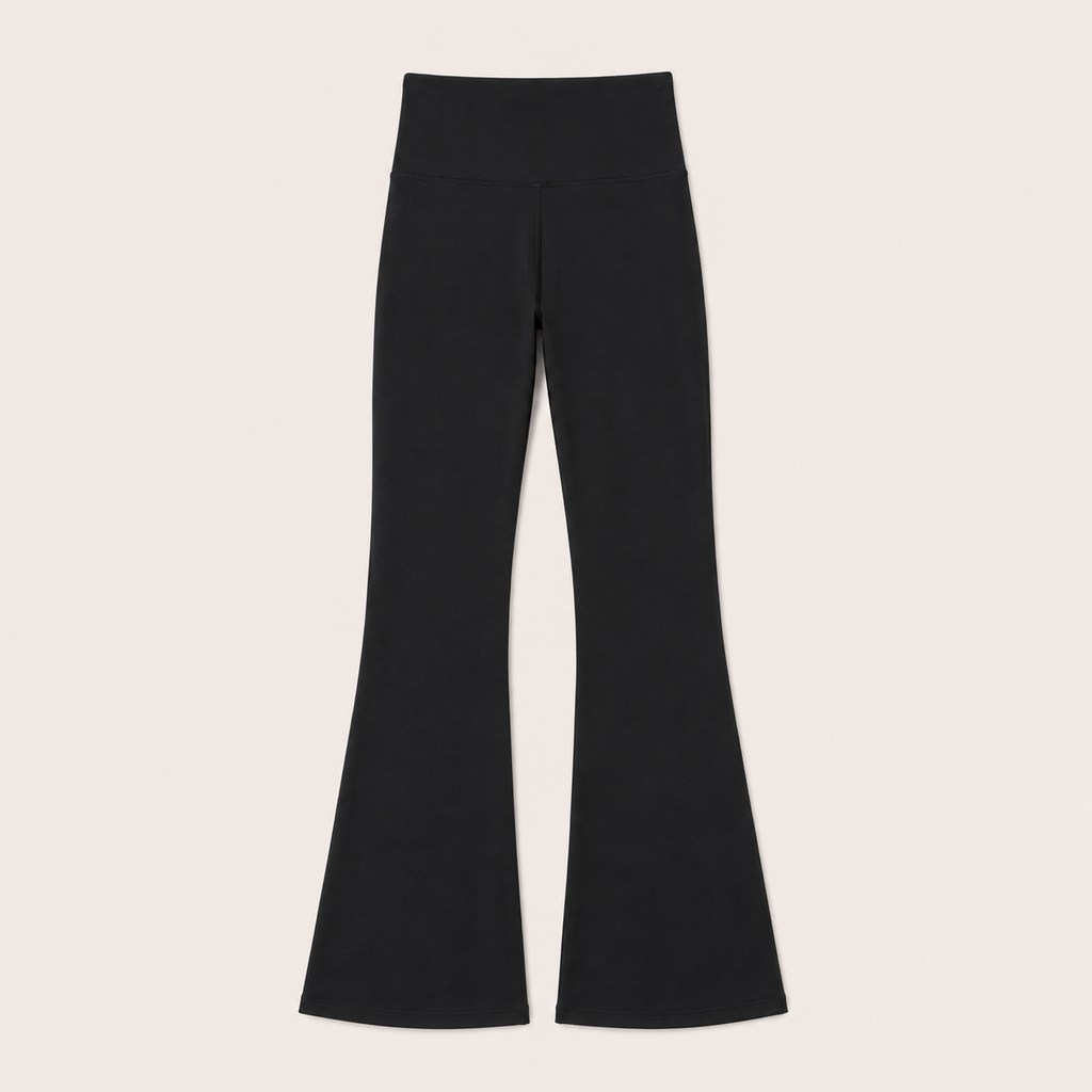 Flat lay of the Fitfigura Studio High Waist Flare Pant – Fluid Motion Form in black, showing the high waist and full-length flared leg design.