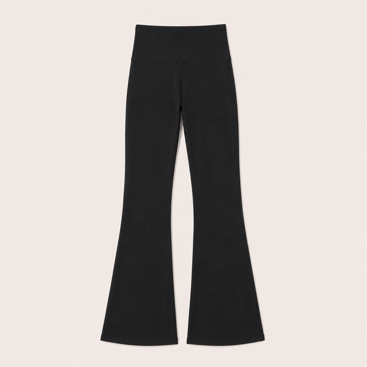 Flat lay of the Fitfigura Studio High Waist Flare Pant – Fluid Motion Form in black, showing the high waist and full-length flared leg design.