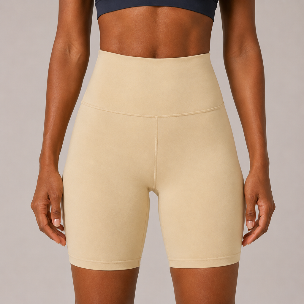 Close-up front view of the cream Fitfigura Studio Short 8” – Flow Essential Form showing the high waistband and sculpted fit.