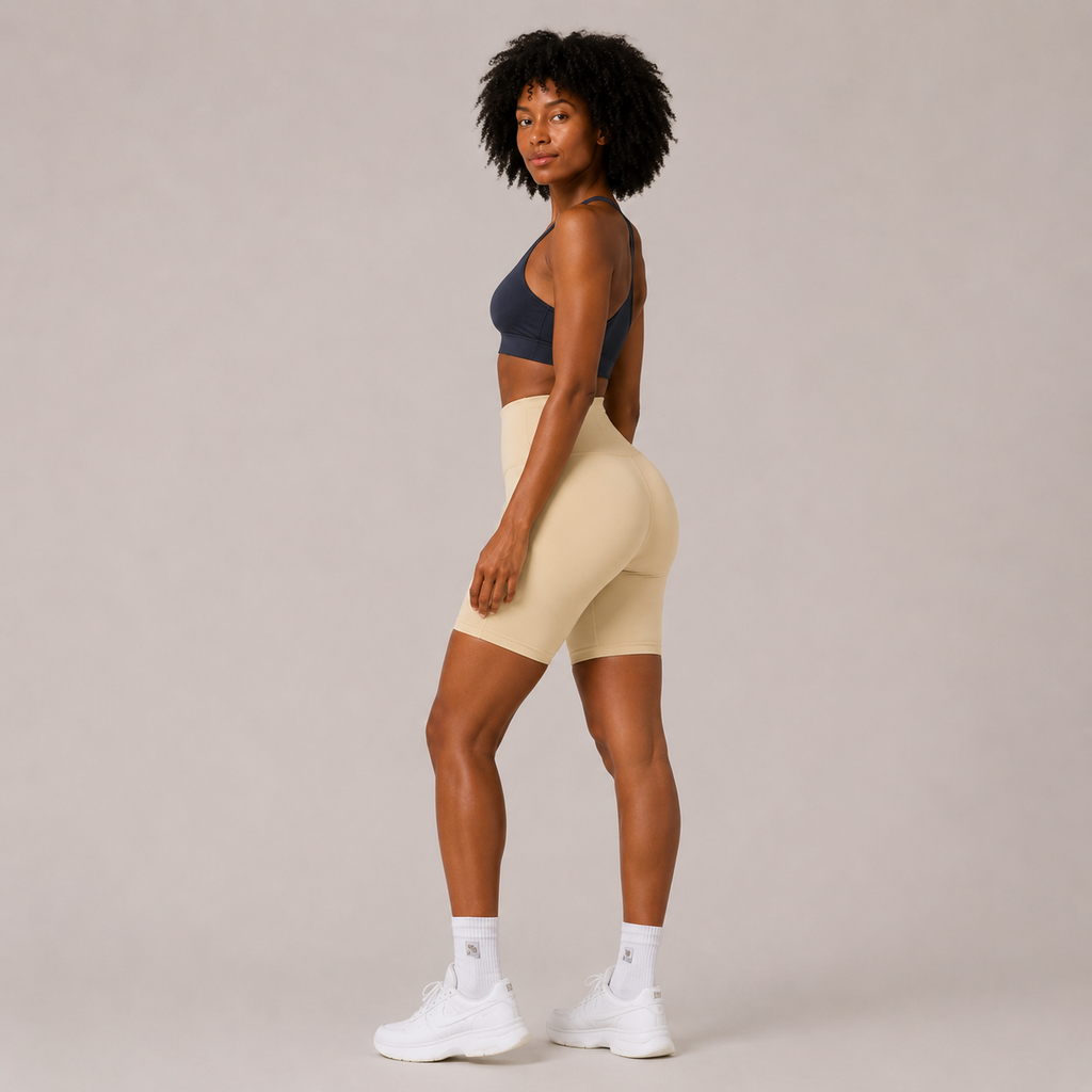 Side view of the cream Fitfigura Studio Short 8” – Flow Essential Form, showing the high-waisted fit and 8-inch short length.