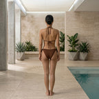 Back view of the brown Fitfigura Support Bikini – Performance Form, showing the rear fit of the bikini top and matching bottoms.