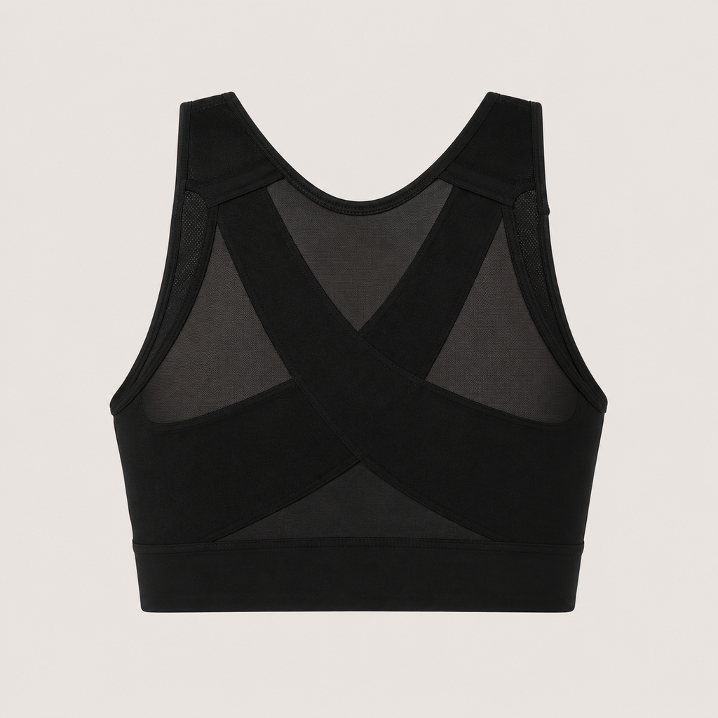 Flat lay back view of the Fitfigura Support Bra – Stability Form in black, highlighting the stability panel and supportive back construction.