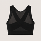 Flat lay back view of the Fitfigura Support Bra – Stability Form in black, highlighting the stability panel and supportive back construction.