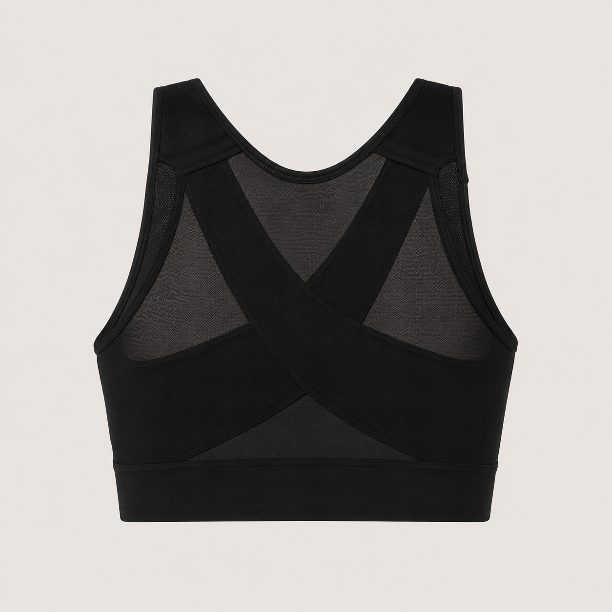 Flat lay back view of the Fitfigura Support Bra – Stability Form in black, highlighting the stability panel and supportive back construction.