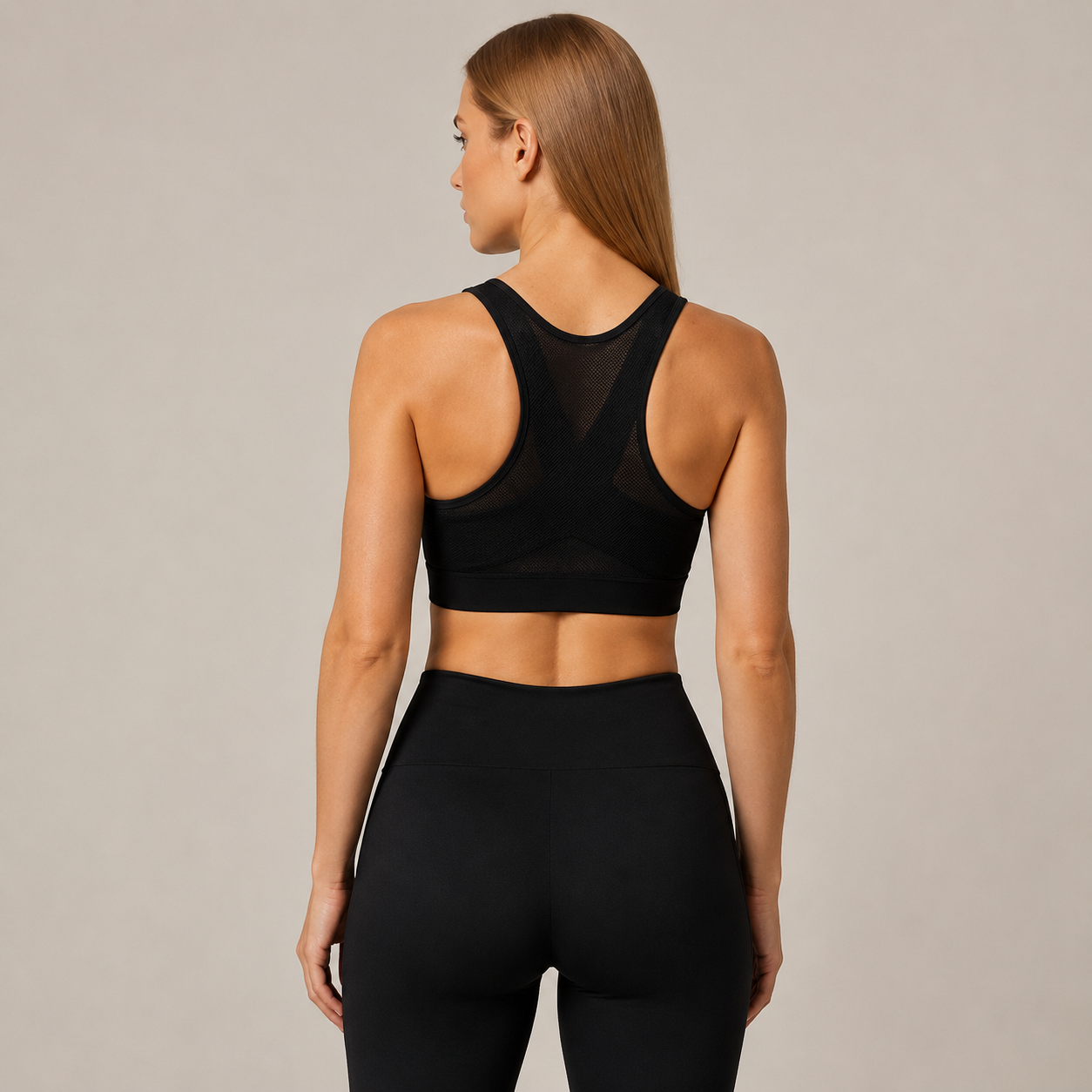 Back view of the Fitfigura Support Bra – Stability Form in black, showing the wide straps and secure supportive back design.