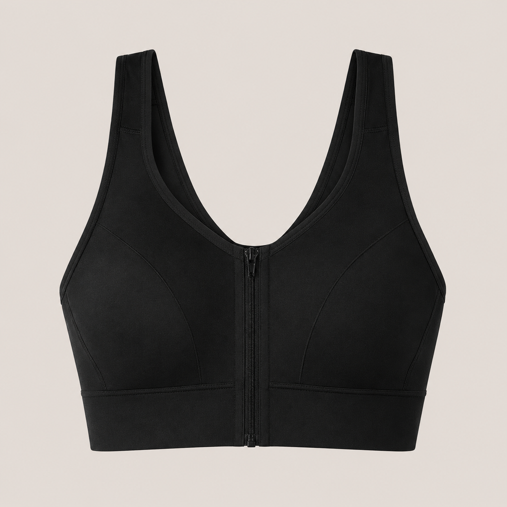 Flat lay front view of the black Fitfigura Support Bra – Stability Form, showing the V-neckline, wide straps, and sculpted bra shape.
