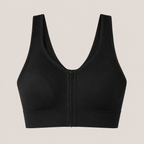 Flat lay front view of the black Fitfigura Support Bra – Stability Form, showing the V-neckline, wide straps, and sculpted bra shape.