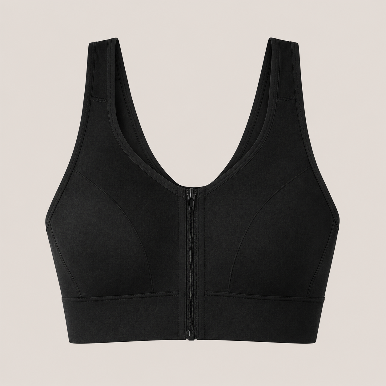 Flat lay front view of the black Fitfigura Support Bra – Stability Form, showing the V-neckline, wide straps, and sculpted bra shape.