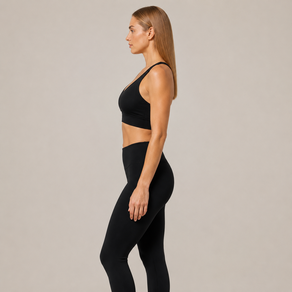 Side view of the black Fitfigura Support Bra – Stability Form, highlighting the structured sports bra shape and smooth activewear fit.