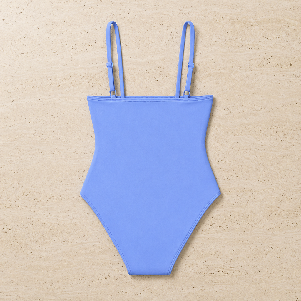 Flat lay back view of the Fitfigura Support One-Piece – Performance Form in blue, showing the clean back design and full one-piece shape.