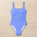 Flat lay front view of the blue Fitfigura Support One-Piece – Performance Form, showing the wide straps, scoop neckline, and ruched body detail.