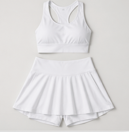 Flat lay of the Fitfigura Sway Bra Tank Set in white, featuring the bra tank top and matching pleated skirt.
