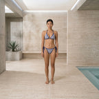 Full-body front view of the Fitfigura Triangle Bikini – Classic Form in blue patterned print, showing the classic swimwear fit.