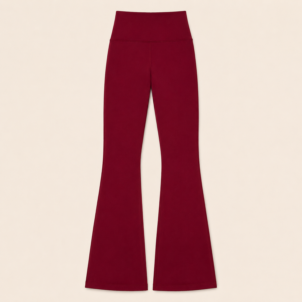 Flat lay of the Fitfigura Women’s Booty Boost Yoga Flare Pant in burgundy, showing the high waist and full-length flared leg design.