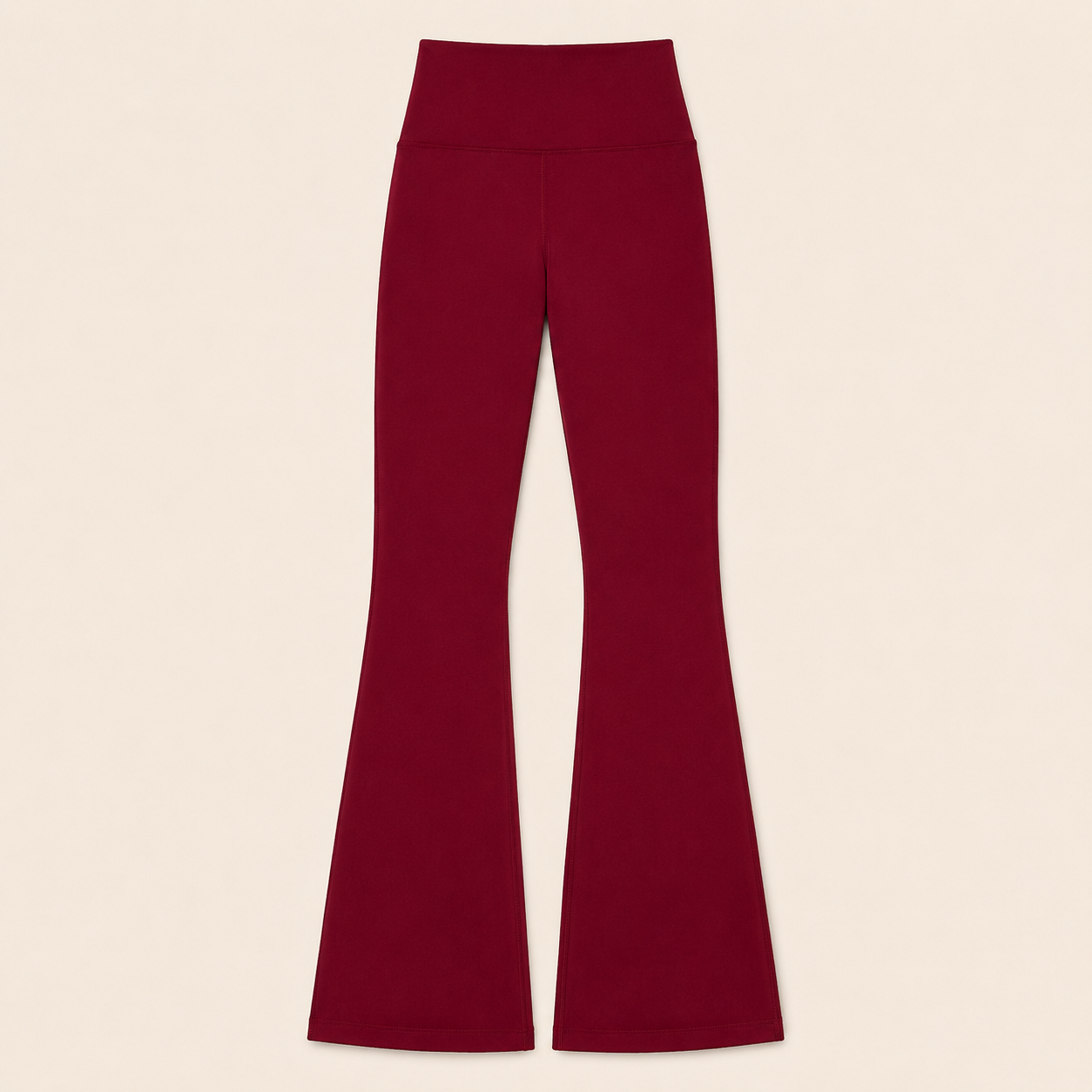 Flat lay of the Fitfigura Women’s Booty Boost Yoga Flare Pant in burgundy, showing the high waist and full-length flared leg design.