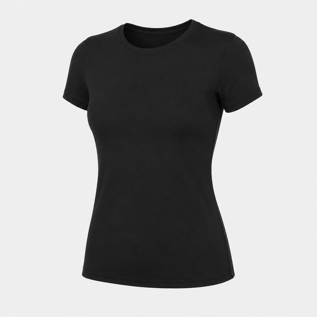 Flat lay of the Fitfigura Women’s Tight Short Sleeve Top in black, showing the crew neckline, short sleeves, and fitted shape.