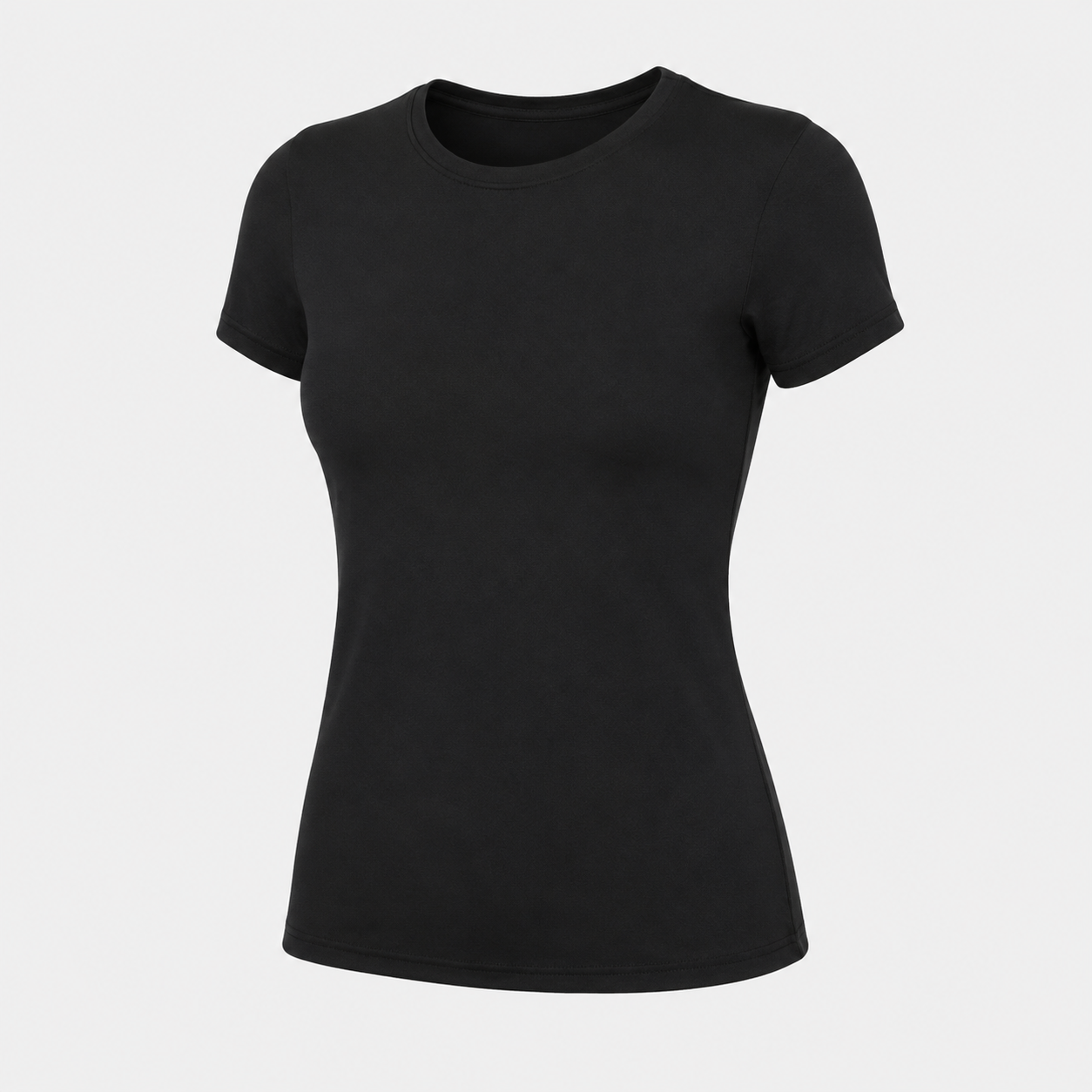 Flat lay of the Fitfigura Women’s Tight Short Sleeve Top in black, showing the crew neckline, short sleeves, and fitted shape.
