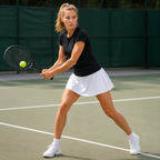 Model wearing the black Fitfigura Women’s Tight Short Sleeve Top while playing tennis, paired with a white skirt and white sneakers.
