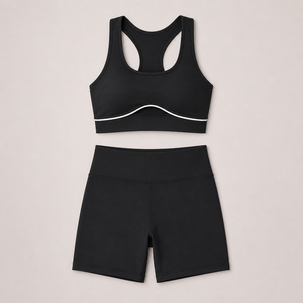Flat lay of the black LuxeSculpt™ Active Set featuring a strappy sports bra and matching shorts.
