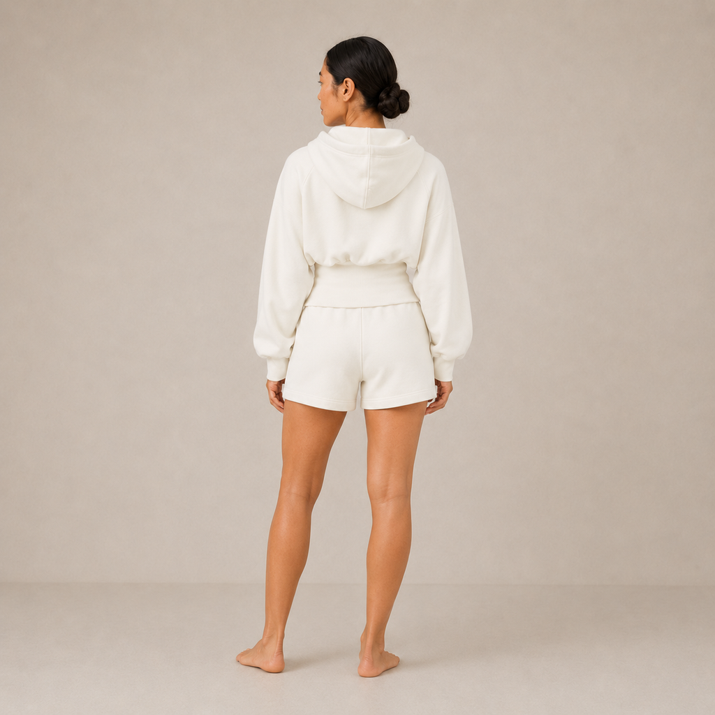 Back view of the Sculpt Hoodie – Structured Form with matching shorts, showing the hood and rear silhouette.
