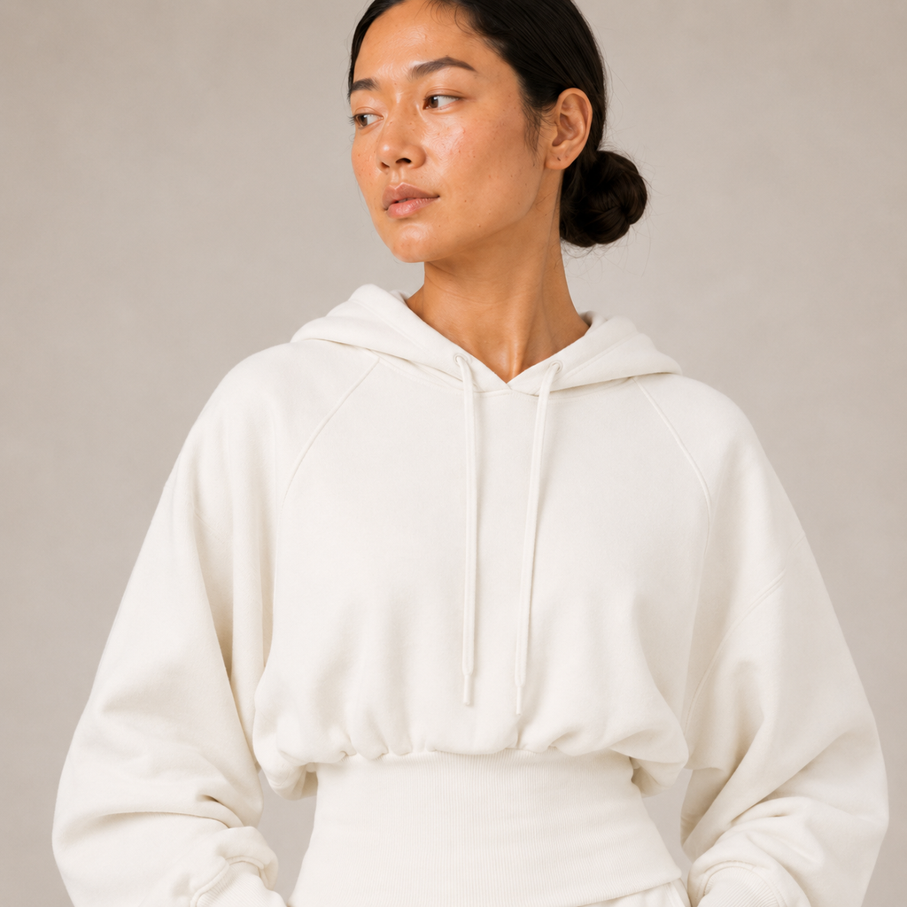 Close-up front view of the white Sculpt Hoodie – Structured Form, showing the hood, neckline, and relaxed sleeves.