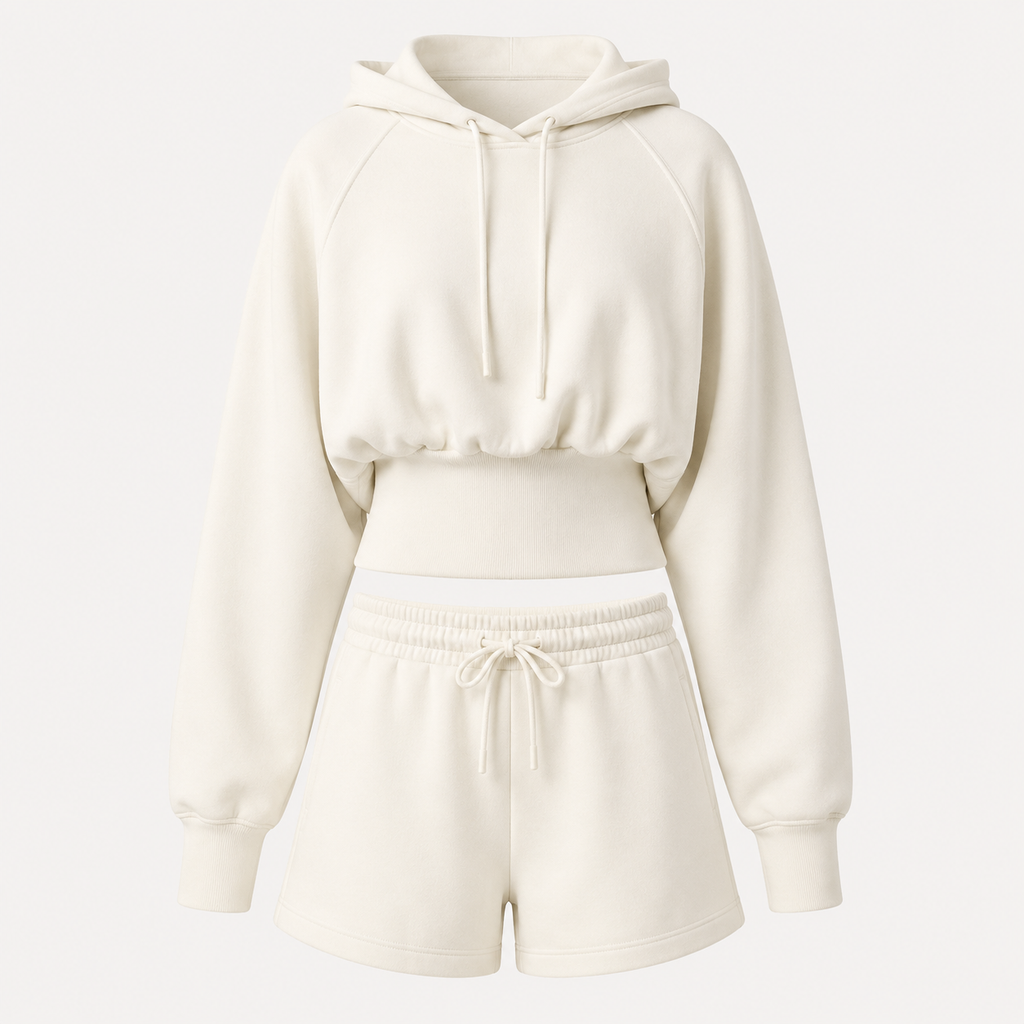 Flat lay of the white Sculpt Hoodie – Structured Form with matching shorts arranged on a neutral background.