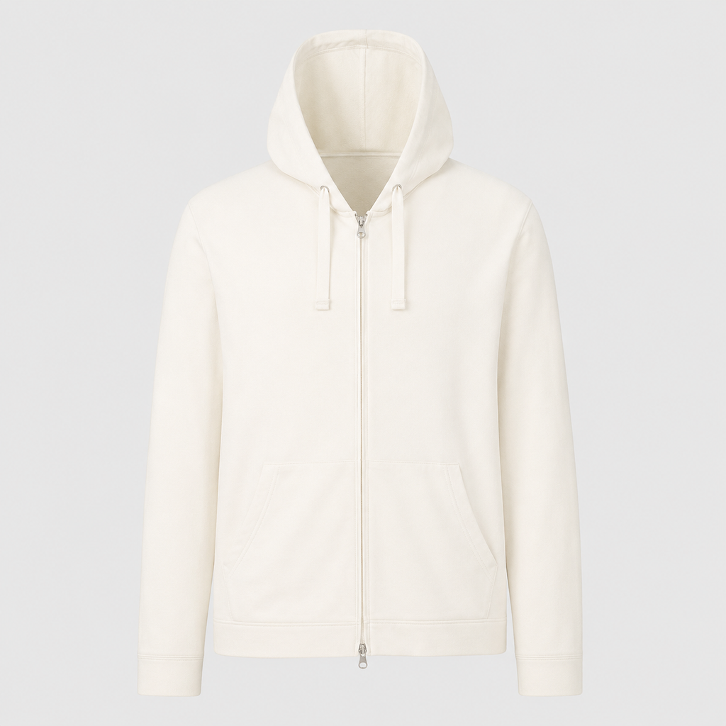 Flat lay of the white Zip Hoodie – Utility Form showing the zip-front closure, hood, and long sleeves.