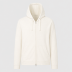 Flat lay of the white Zip Hoodie – Utility Form showing the zip-front closure, hood, and long sleeves.