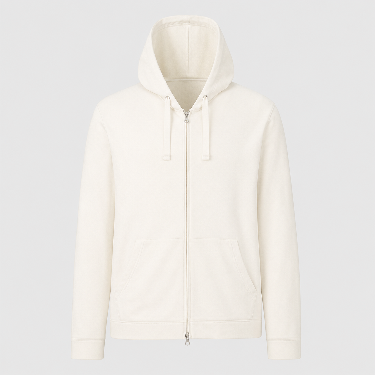 Flat lay of the white Zip Hoodie – Utility Form showing the zip-front closure, hood, and long sleeves.