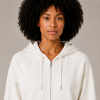 Close-up front view of the Zip Hoodie – Utility Form showing the zipper, hood, and soft white fabric.