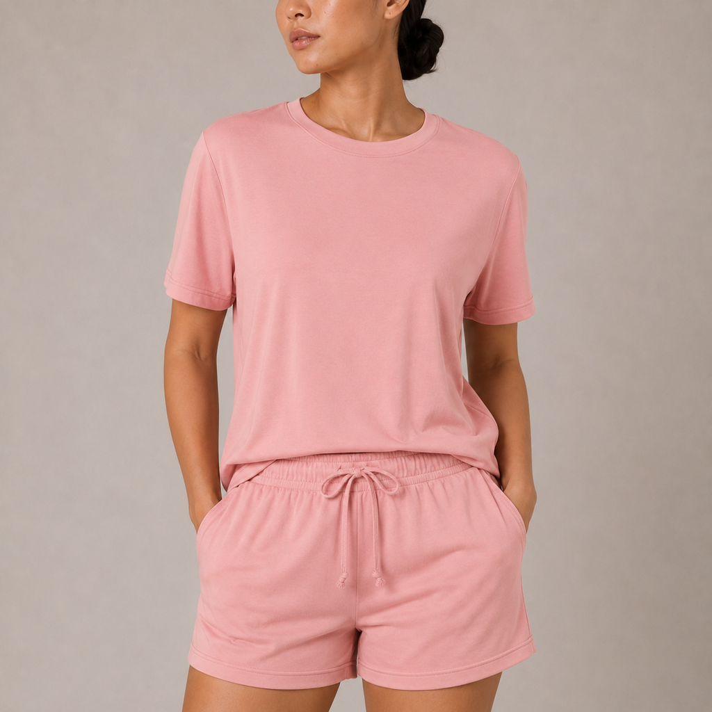 Close-up view of the FitFigura Sculpt LoungeWear Set in Paradise Pink, featuring a relaxed tee and matching drawstring shorts.