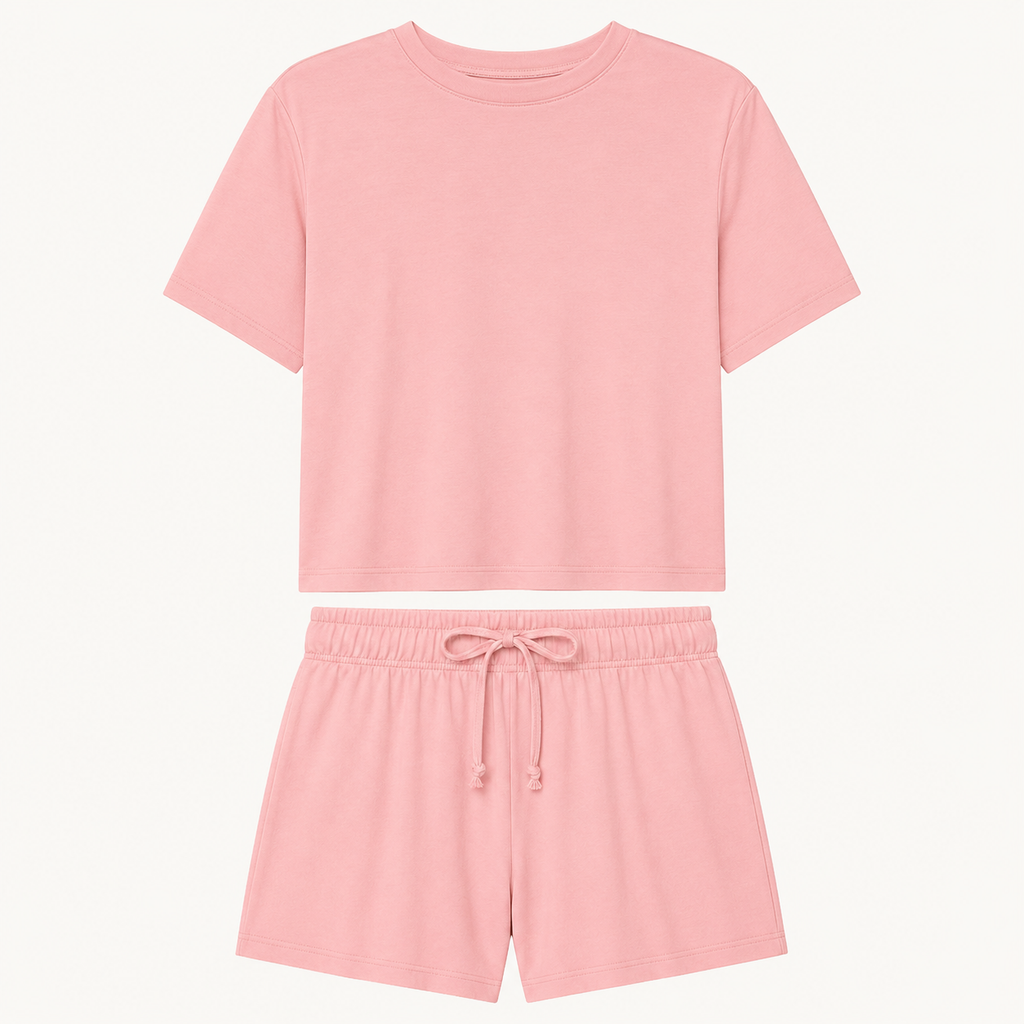 Flat lay of the FitFigura Sculpt LoungeWear Set in Paradise Pink, featuring a soft tee and matching drawstring lounge shorts.