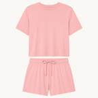 Flat lay of the FitFigura Sculpt LoungeWear Set in Paradise Pink, featuring a soft tee and matching drawstring lounge shorts.