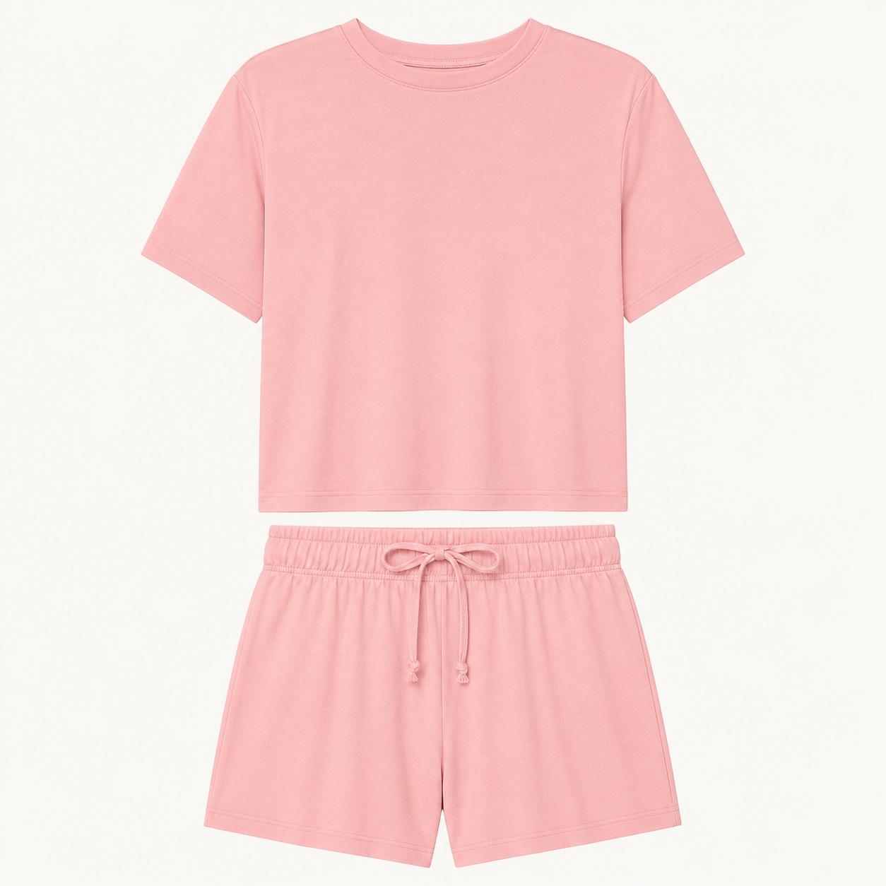 Flat lay of the FitFigura Sculpt LoungeWear Set in Paradise Pink, featuring a soft tee and matching drawstring lounge shorts.