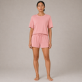 FitFigura Sculpt LoungeWear Set – Structured Form in Paradise Pink with short-sleeve tee and drawstring shorts, front view.