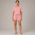 FitFigura Sculpt LoungeWear Set – Structured Form in Paradise Pink with short-sleeve tee and drawstring shorts, front view.
