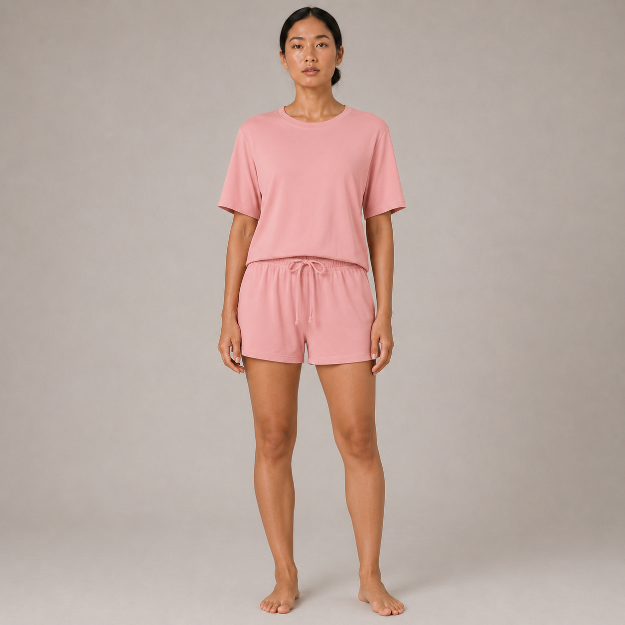 FitFigura Sculpt LoungeWear Set – Structured Form in Paradise Pink with short-sleeve tee and drawstring shorts, front view.