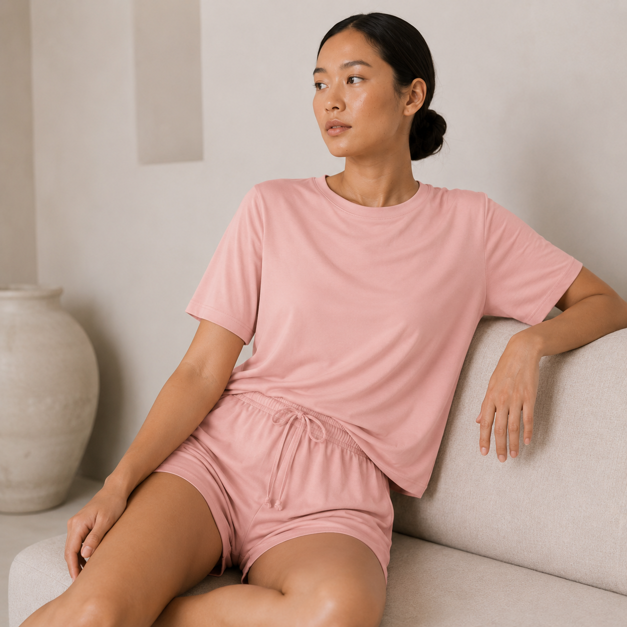 FitFigura Sculpt LoungeWear Set in Paradise Pink, styled as a soft lounge tee and matching drawstring shorts in a seated lifestyle view.