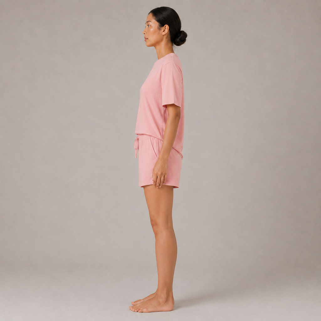 Model wearing the FitFigura Sculpt LoungeWear Set in Paradise Pink with relaxed tee and drawstring lounge shorts, side profile view